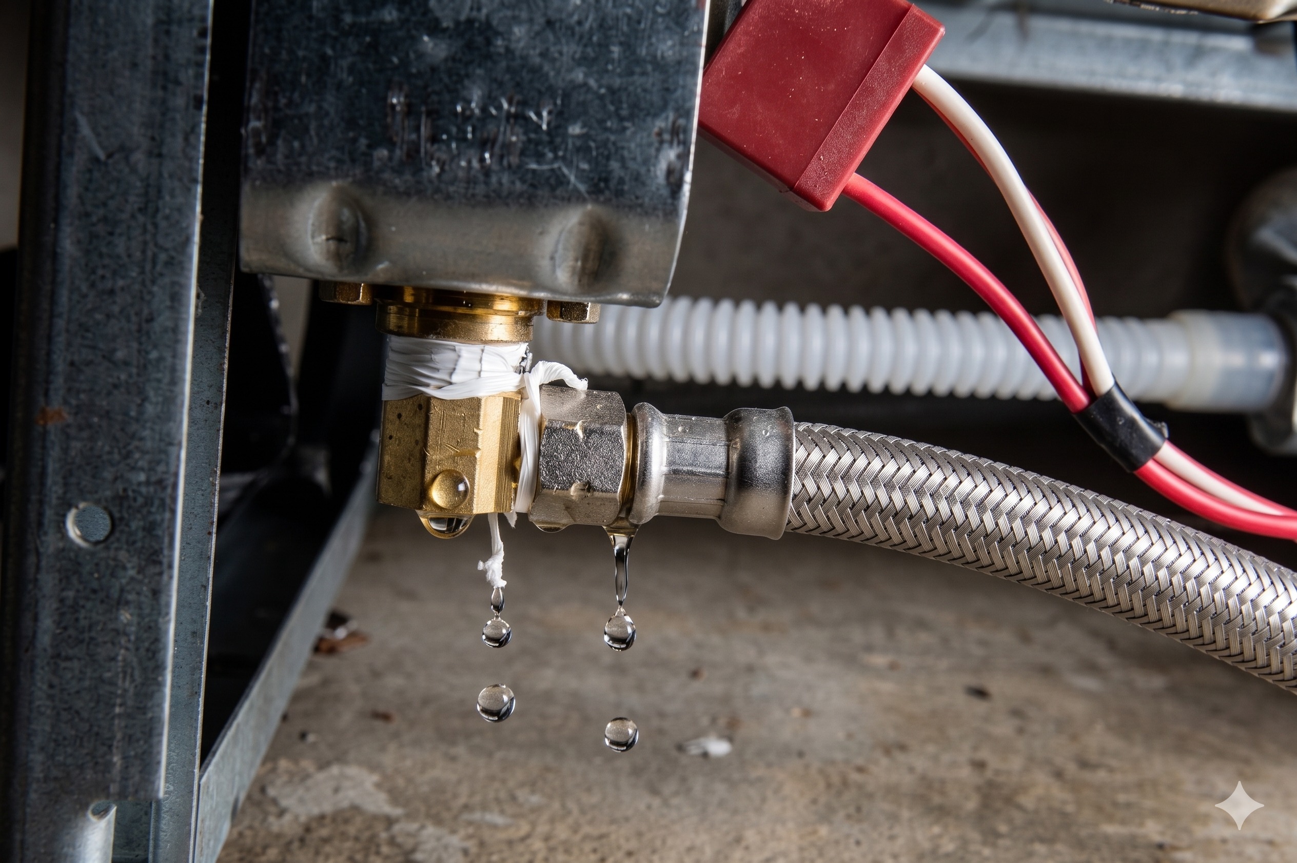 Close-up of leak detection on a hot water line with active drips identified