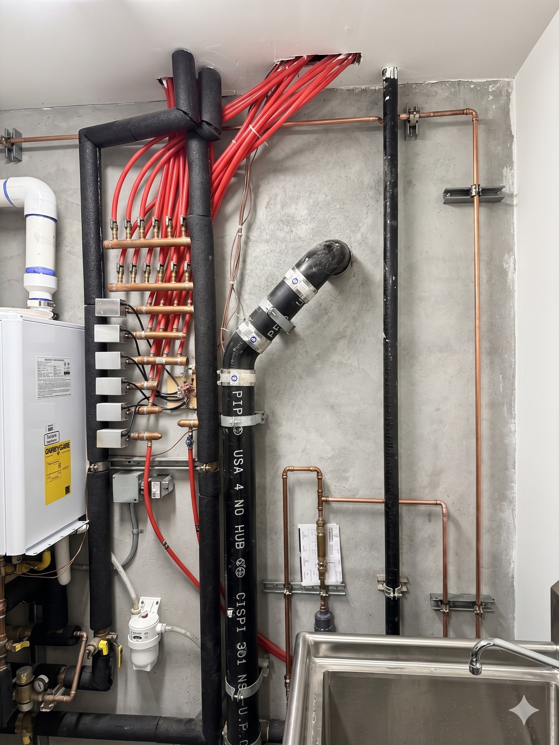 Mechanical room with PEX manifold, tankless water heater, and cast-iron drain stack