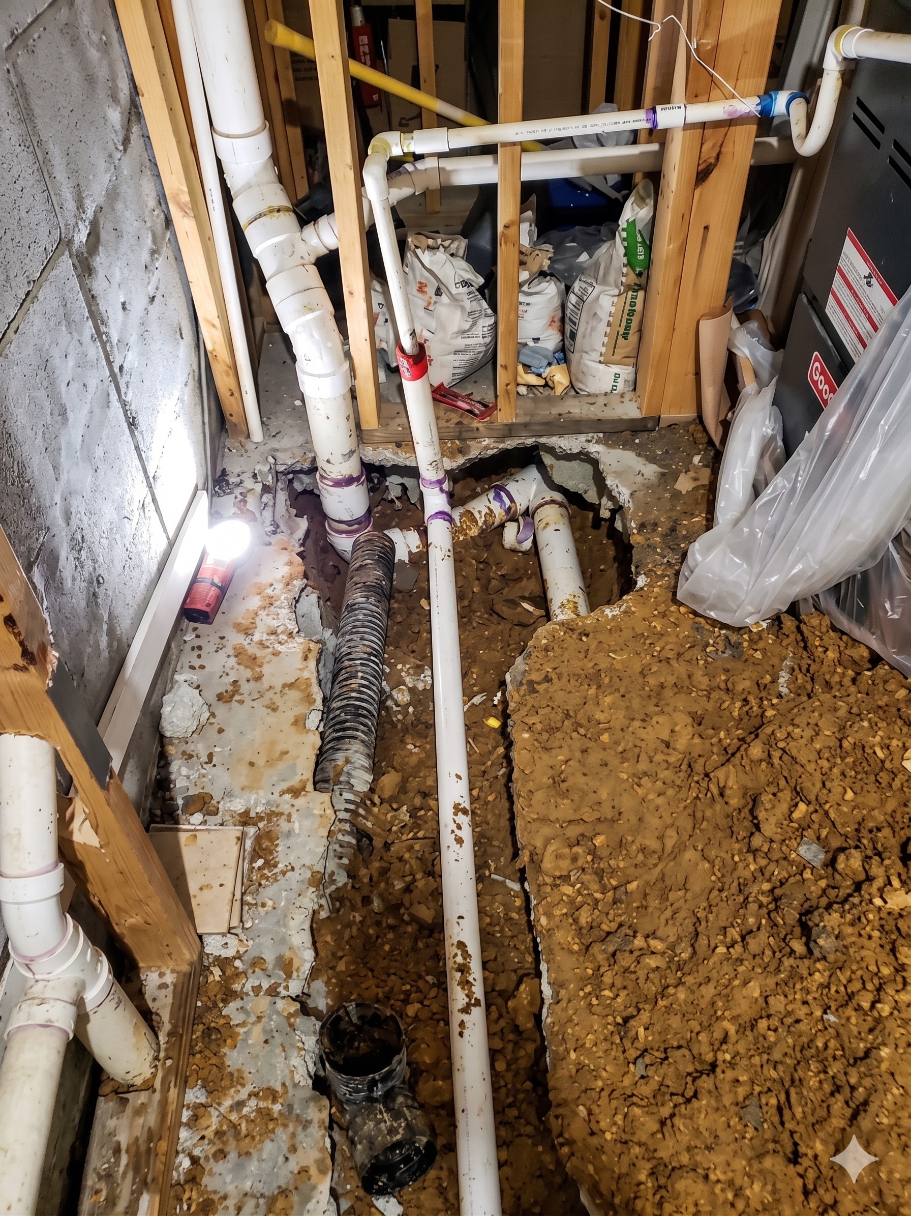 Basement slab leak repair with exposed PVC drain and PEX water lines