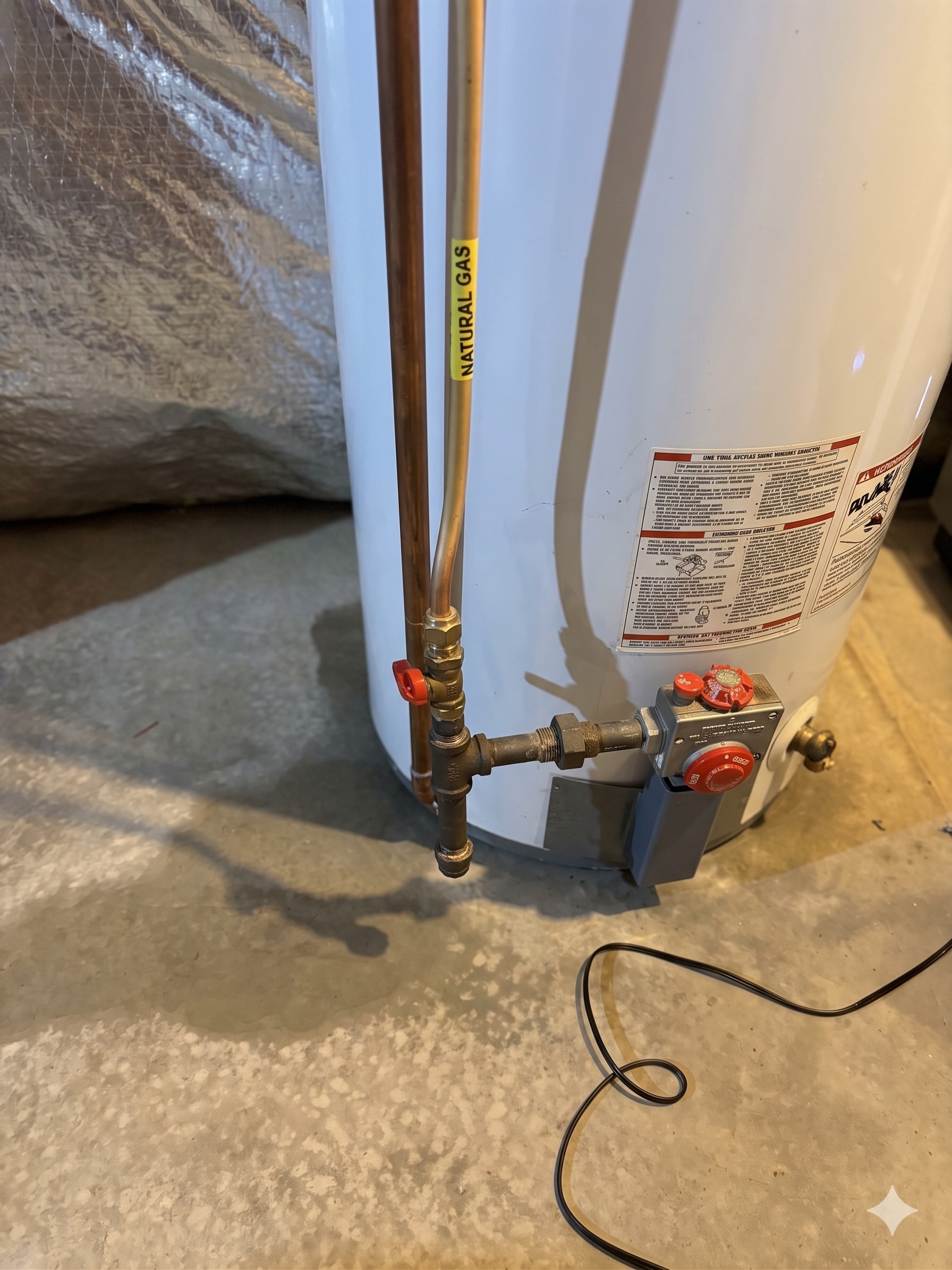 50-gallon natural gas water heater with copper supply lines and shutoff valves